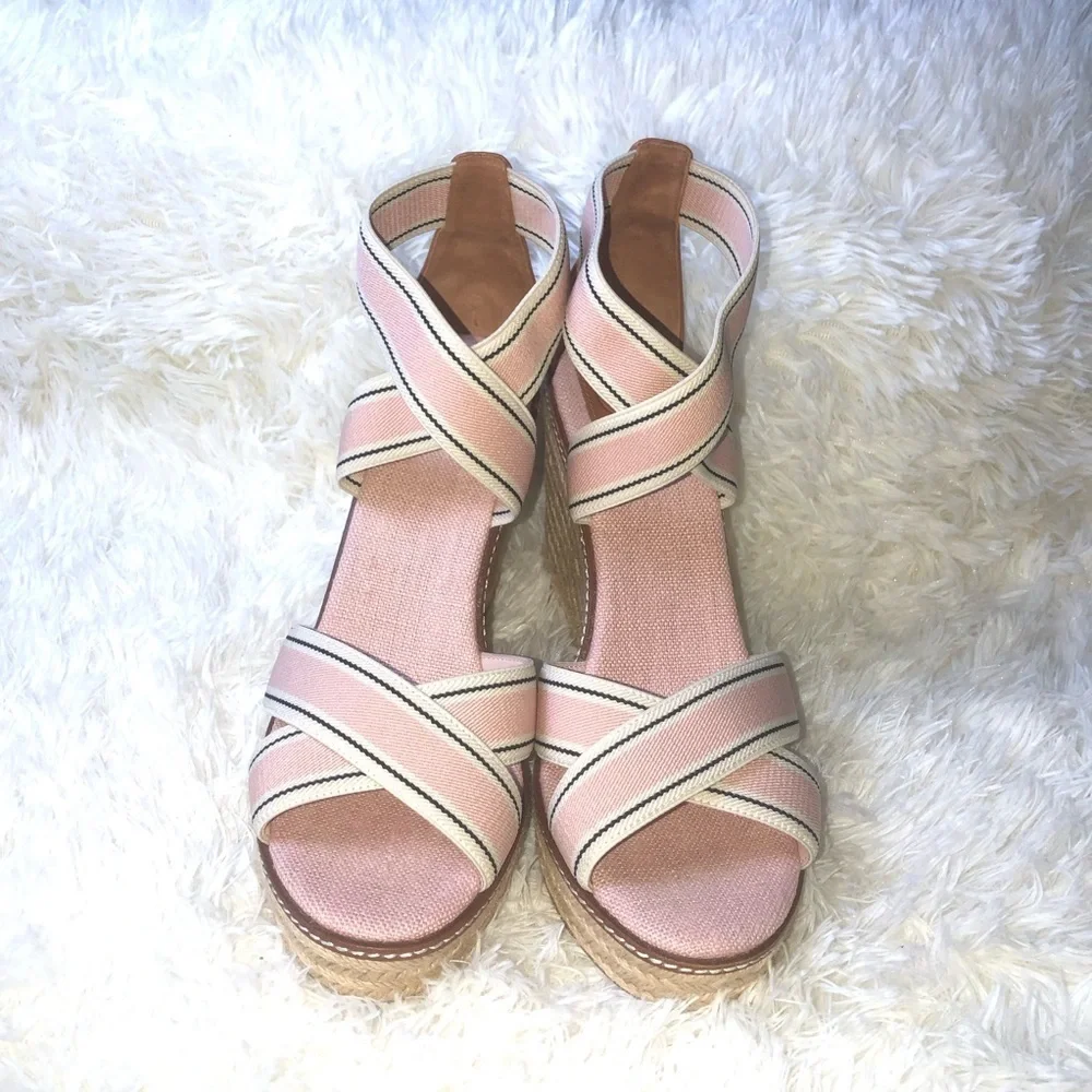 Tory Burch Pink and Tan Wedge Sandals size 10-11